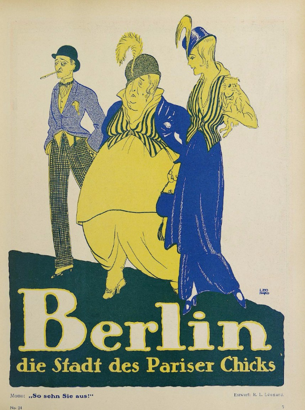 Ein buntes Plakat für ein Berliner Konzert, das eine Gruppe von Menschen vor einem Gebäude zeigt, mit der Aufschrift "Berlin - Die Stadt des Pariser Chicks" darüber.