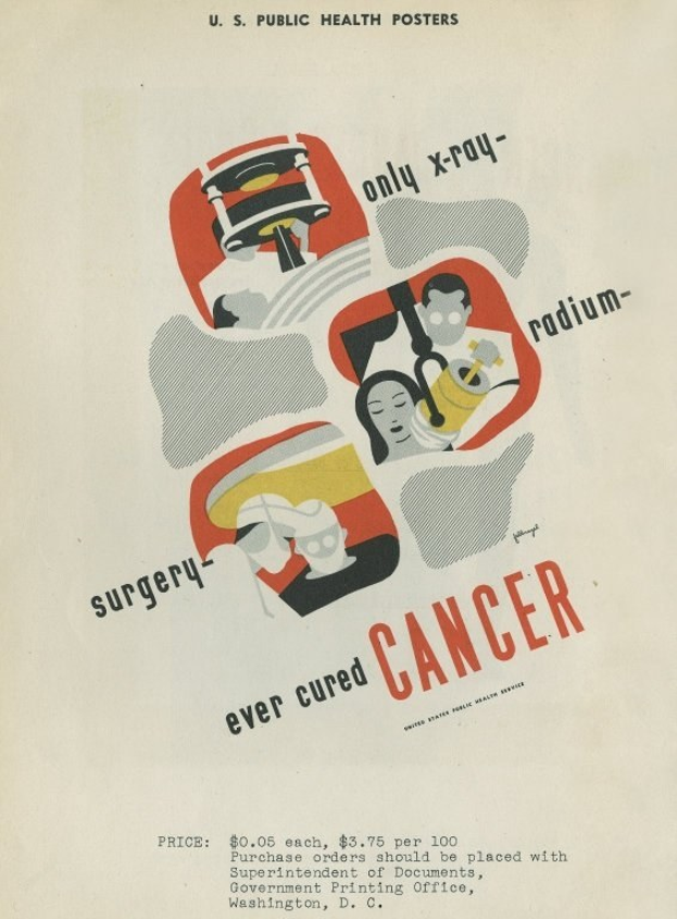 Plakat mit einem Mann in Anzug und weißer Laborkittel mit Stethoskop, entschlossen aussehend, vor einem hellrosa Hintergrund mit großer weißer Schrift, die "Chirurgie Hat Krebs Nie Geheilt."