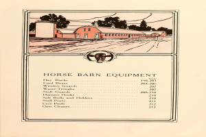 Ein Buch mit einem Coverbild von Pferdestallausrüstung, umgeben von Häusern und Bäumen, mit sichtbarem Text, der Details zur Ausrüstung liefert.