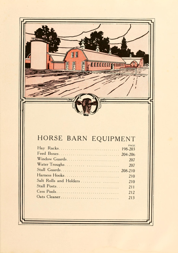 Ein Buch mit einem Coverbild von Pferdestallausrüstung, umgeben von Häusern und Bäumen, mit sichtbarem Text, der Details zur Ausrüstung liefert.