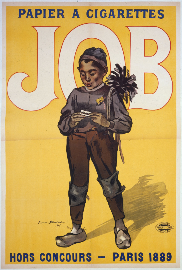 Ein Plakat mit einem jungen Jungen, der eine Zigarette hält, mit Text, der wahrscheinlich einen Job bewirbt, und dem Jungen mit entschlossener Miene.