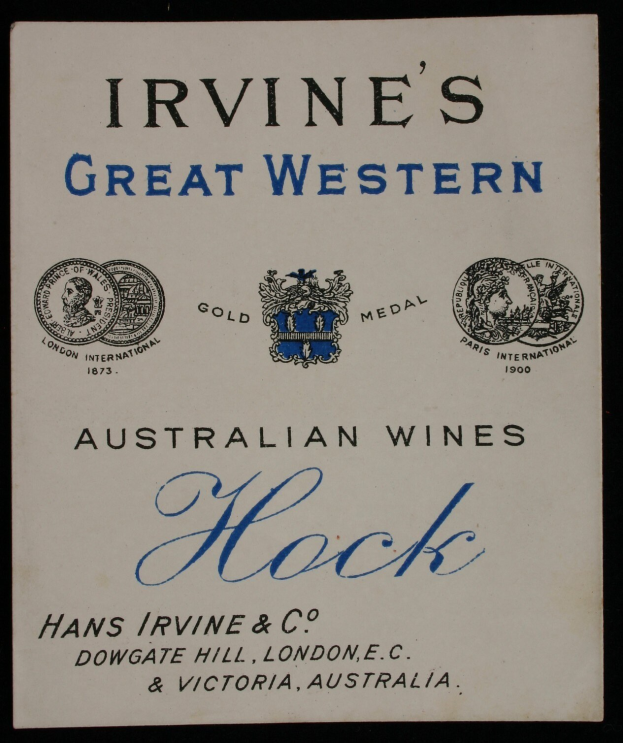 Plakat, das Irvine's Great Western Australian Wines Hock mit Firmenlogos und Text ankündigt.