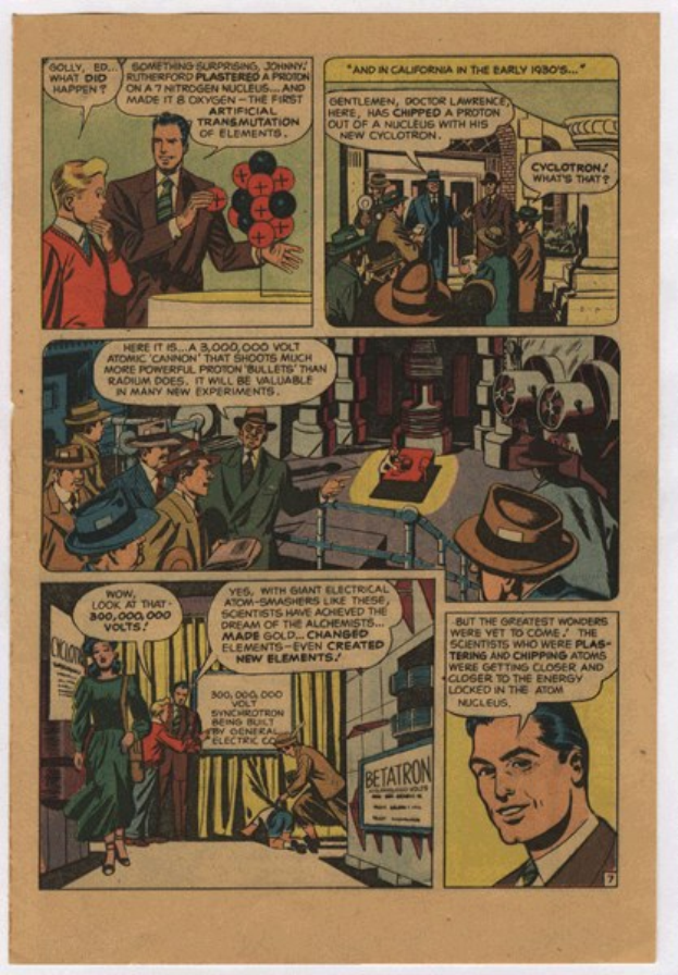 Eine Comic-Seite mit einem Mann in einem blauen Anzug, weissem Hemd und roter Krawatte mit einem ernsten Gesichtsausdruck, umgeben von einer Collage aus Bildern und fetter schwarzer Schrift.