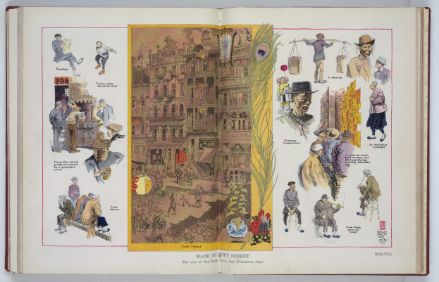 Offenes Buch mit Illustrationen von Menschen und Gebäuden auf einer weißen Oberfläche, das Bilder und Texte über die dargestellten Personen enthält.