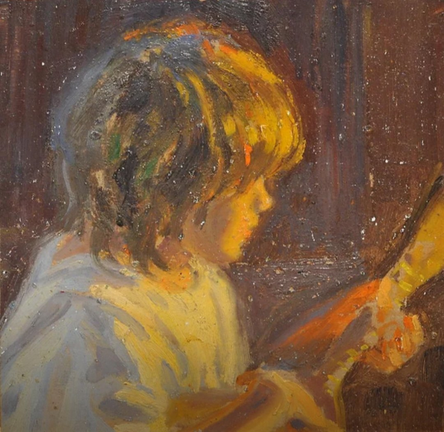 Gemälde eines jungen Jungen in einem weißen Hemd, der eine Gitarre spielt und konzentriert schaut, Hände auf Saiten und Griffbrett, Augen geschlossen in Konzentration.