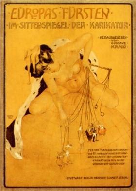 Vintage-Zirkusposter mit einer Frau in einem Bikini und einem Mann in einer Badehose, auf dem "Europas Fursten - Im Sittenspiegel der Karikatur" steht.