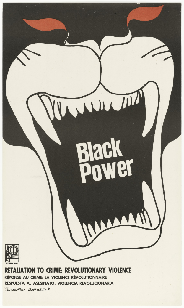 Ein Plakat mit einem schwarzen Power-Logo, einem schwarzen Kreis mit weißer Umrandung und einem weißen Buchstaben "P" in der Mitte und fetter Schrift, die "Rache für Kriminalität, revolutionäre Gewalt" lautet.
