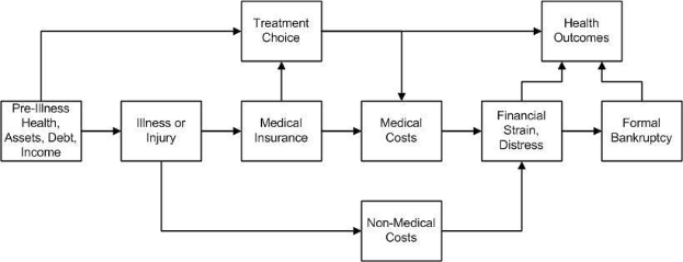 Diagramm mit verschiedenen Arten von medizinischen Kosten, die mit Vorerkrankungen, Gesundheit und Gesundheitsergebnissen verbunden sind, mit beschrifteten Kästchen und Verbindungslinien.