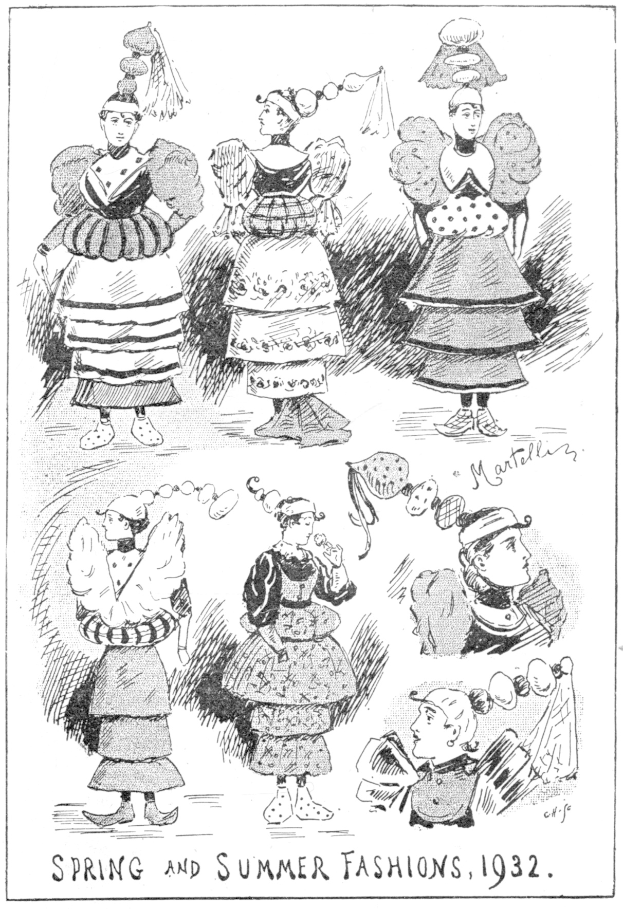 Modezeichnung aus dem Jahr 1932, die Frauen in Frühlings- und Sommerkleidern zeigt, begleitet von beschreibendem Text.