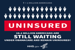 Ein Plakat mit dem Text "28,2 Millionen Amerikaner warten noch auf Obamacare und bleiben unversichert" und einem Logo unten.