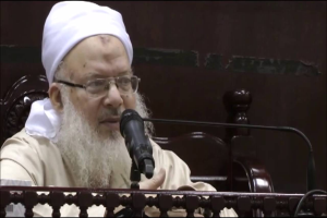 Asaduddin Owaisi, ein Mann mit weißem Bart und Turban, spricht in ein Mikrofon vor einer hölzernen Absperrung, trägt ein cremefarbenes Gewand und Brille vor dunklem Hintergrund.