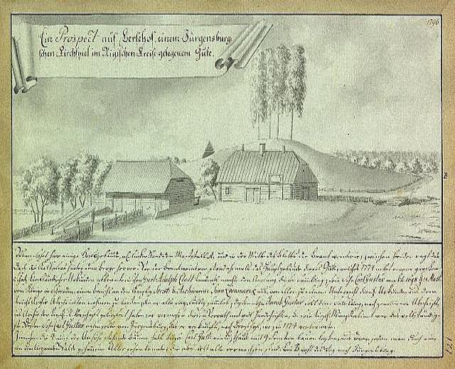 Eine handgezeichnete Karte von Surgensburg, Deutschland, die einen Hof in einem Feld zeigt, umgeben von Häusern, Bäumen und Himmel, mit dem Text "Surgensburg, Deutschland - Landschaft eines Hofs" auf dem Dokument.