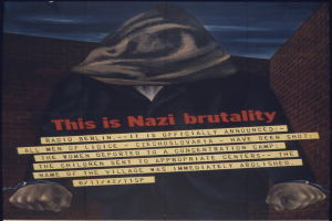 Eine Person in einer schwarzen Kapuzenjacke und Maske mit ernster Miene steht auf einem Plakat mit fetter weißer Schrift, die 'Das ist Nazi-Gewalt.' lautet.